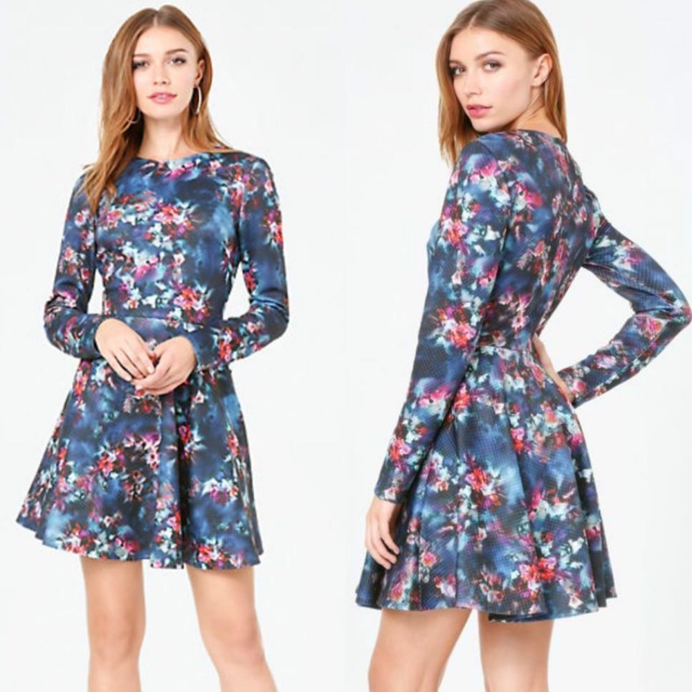 BEBE Floral Print Jacquard Fit & Flare Dress